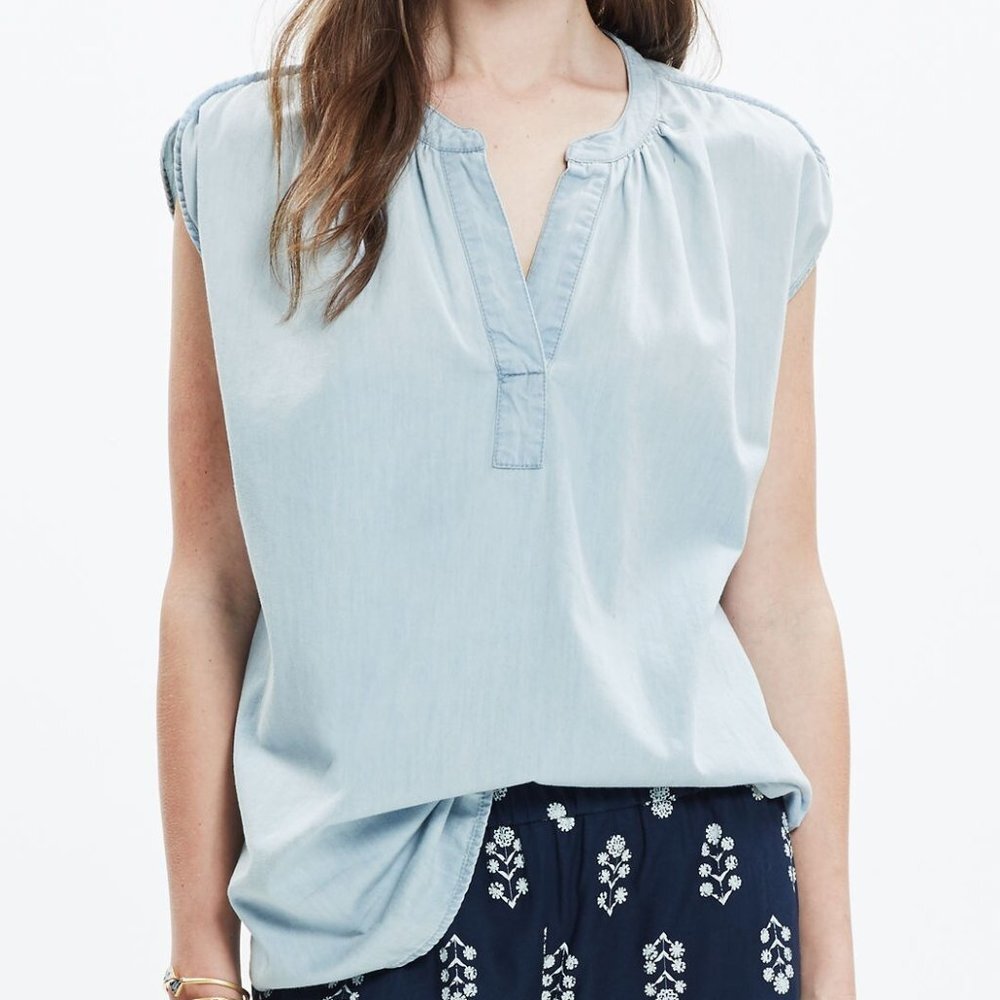 Madewell Women's Size Medium Blue Chambray Denim Popover Top - Picture 1 of 5